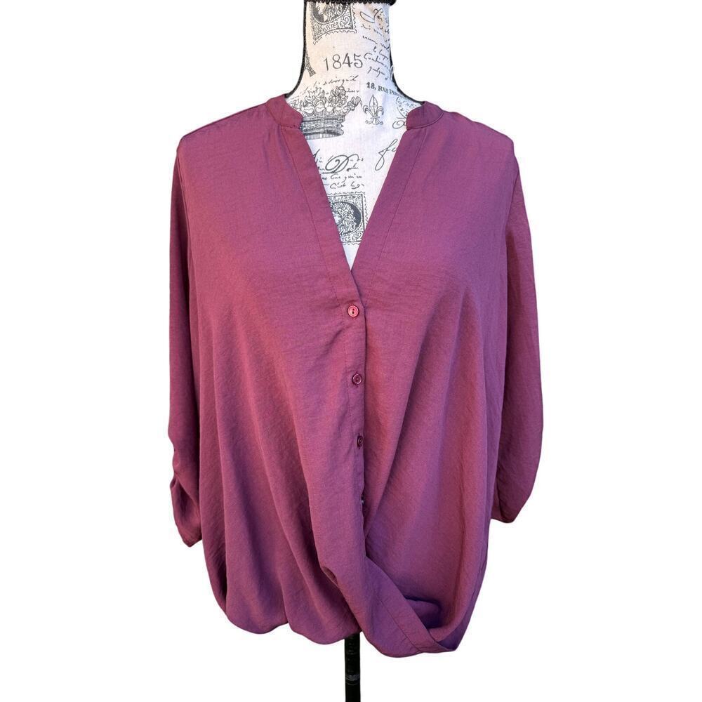 Lush Burgundy Womens Long Sleeve Wrap Button Front Top Blouse Small